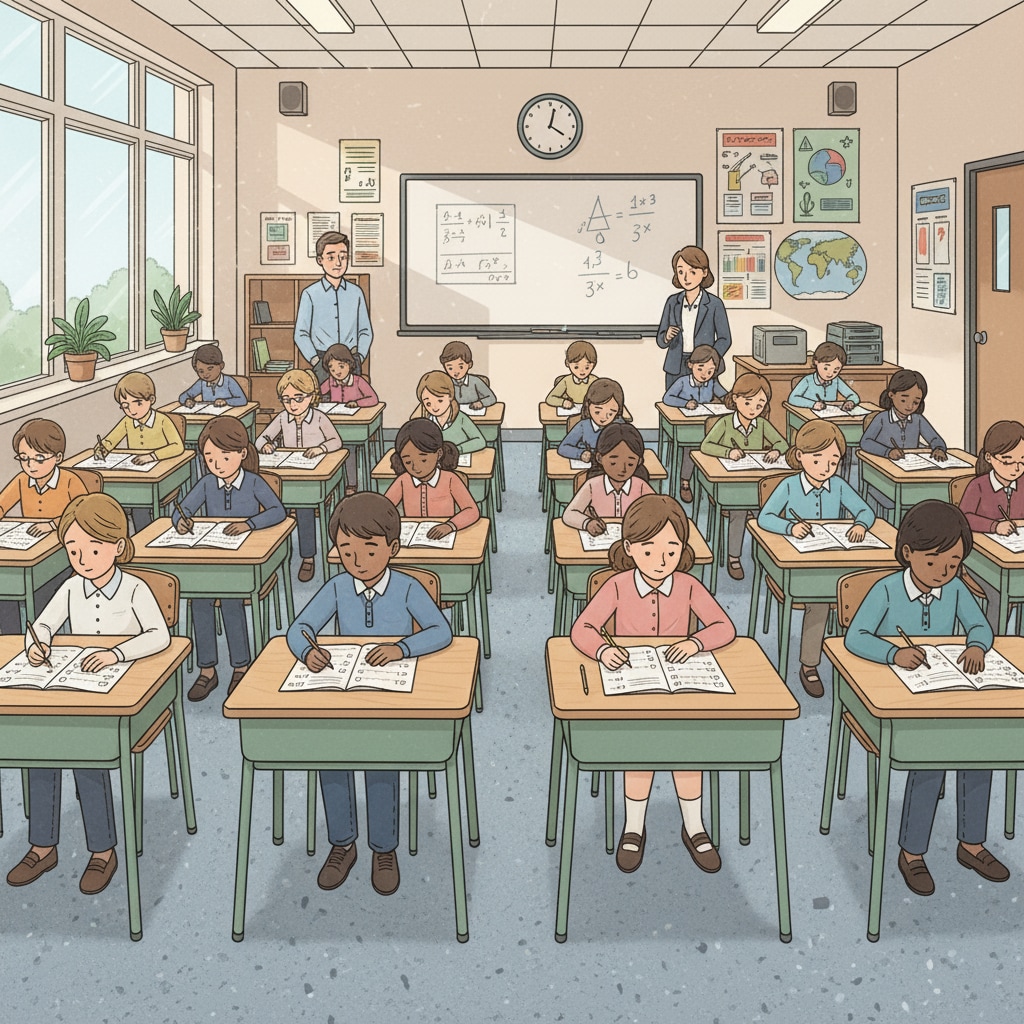 A classroom scene where students are taking a standardized test. Desks are arranged in rows, and students are concentrating on answering questions. Classroom scene of students taking a standardized test related to education funding, test scores, and federal policies