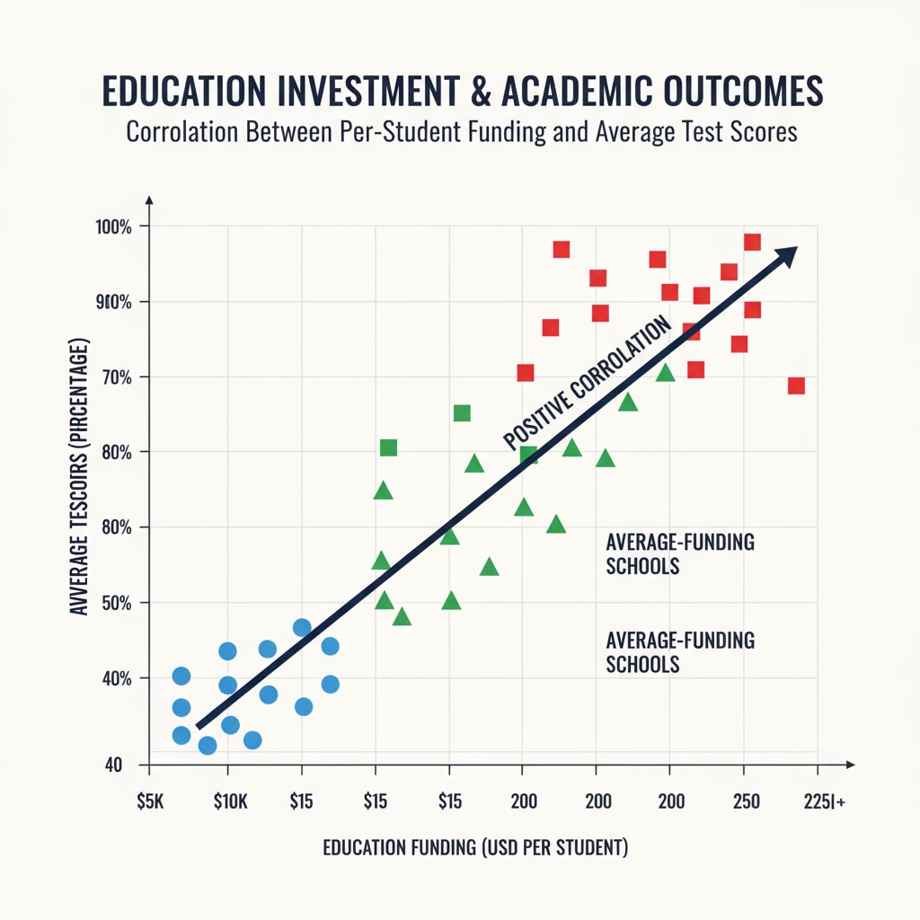 A graph showing the correlation between education funding and test scores in different schools. The x-axis represents education funding levels, and the y-axis represents average test scores. Graph depicting the relationship between education funding and test scores relevant to federal policies
