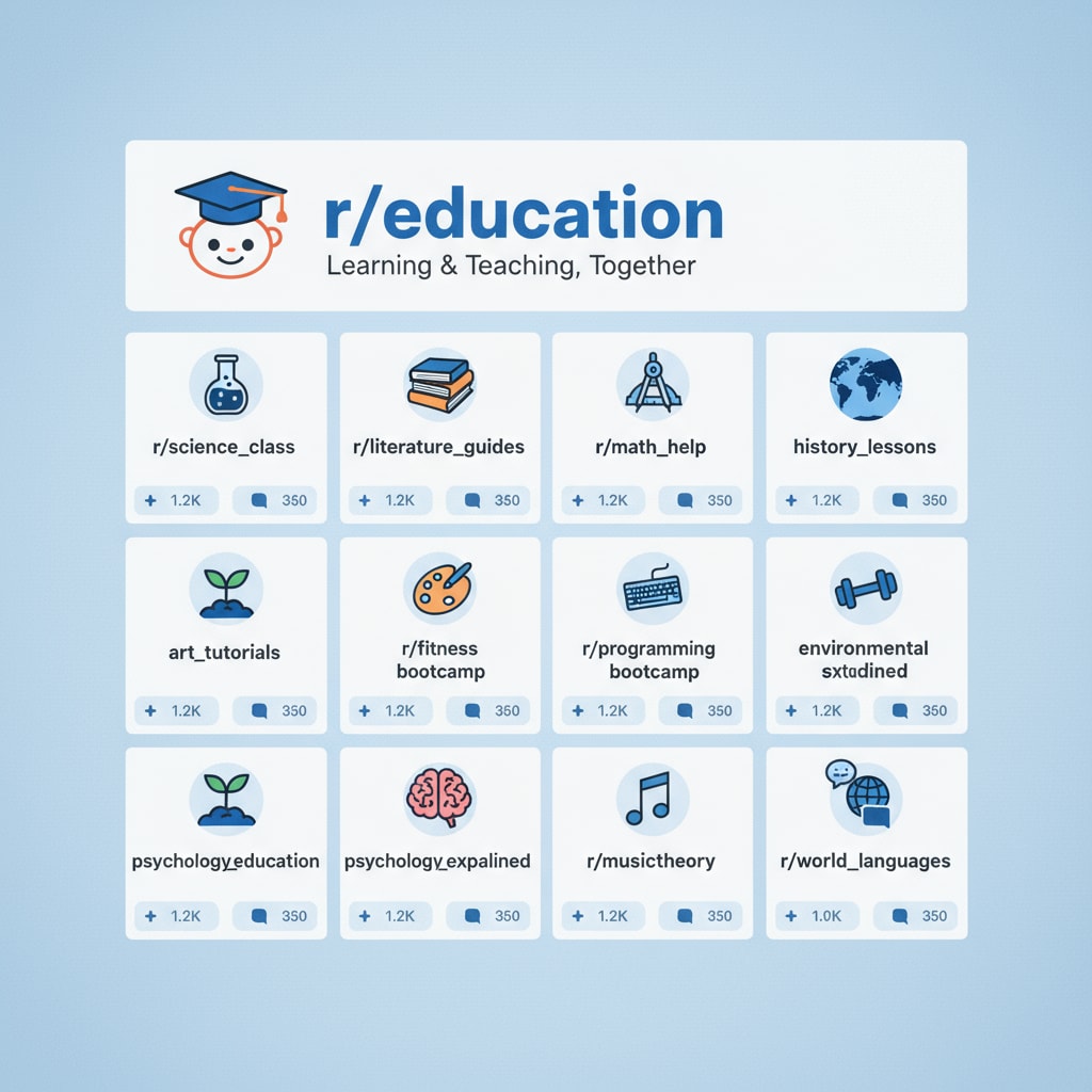 A screenshot of the Reddit education main page with various subreddits listed, showing the diversity of educational topics available. Screenshot of Reddit education main page with educational subreddits