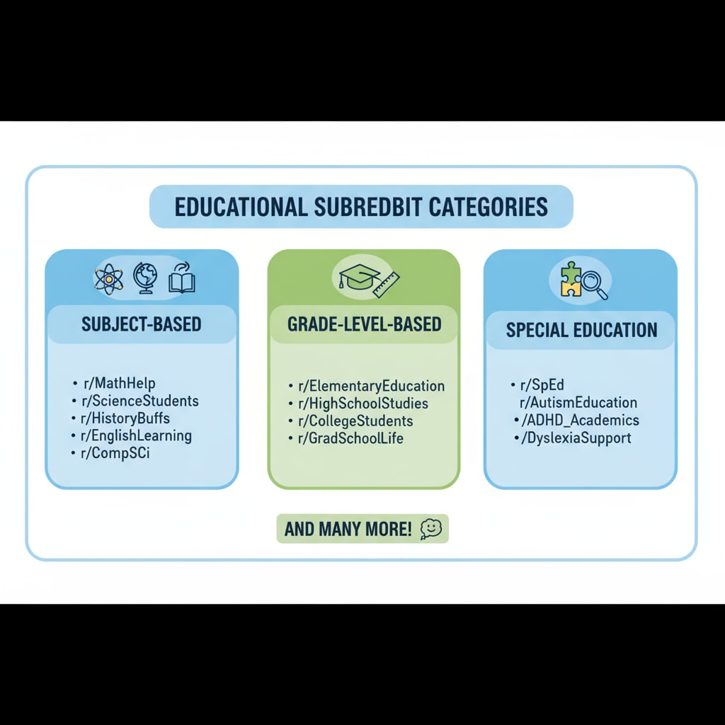 A graphic presenting different categories of educational subreddits, such as subject-based, grade-level-based, and special education subreddits. Graphic of different educational subreddits categories