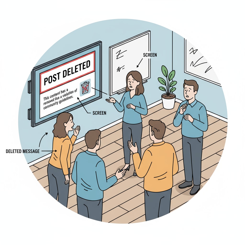 A group of educators are gathered around a screen, looking confused and concerned as they see a message indicating that a post has been deleted. Educators reacting to post deletion in a PLC with no explanation