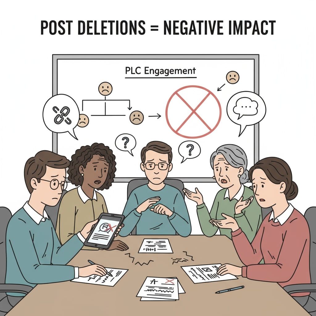A group of educators are sitting around a table, with disappointed expressions on their faces, discussing the negative impact of post deletions in their Professional Learning Community. Educators disappointed due to post deletions in PLCs with no explanation