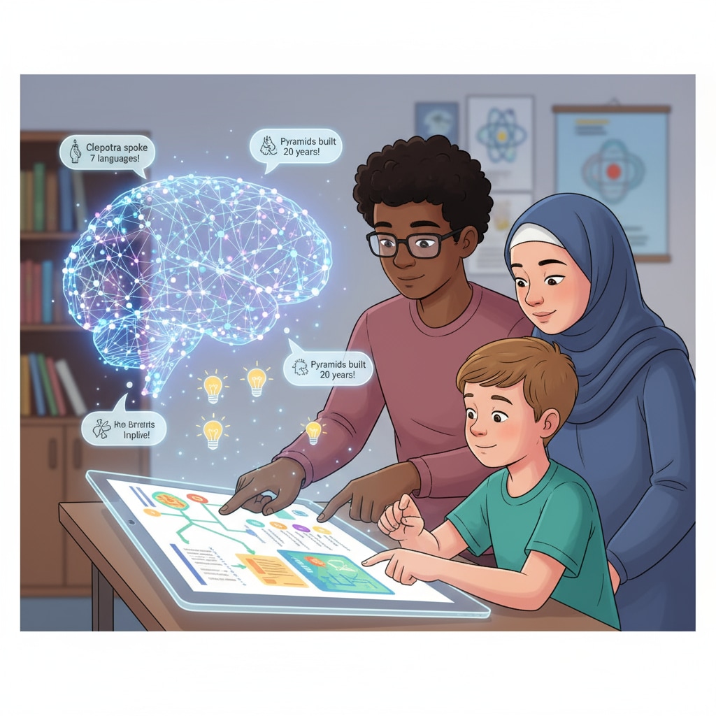 An illustration depicting students actively engaged with educational content on a digital device, with AI Brain Bites in the background generating interesting facts. Students exploring educational facts generated by AI Brain Bites