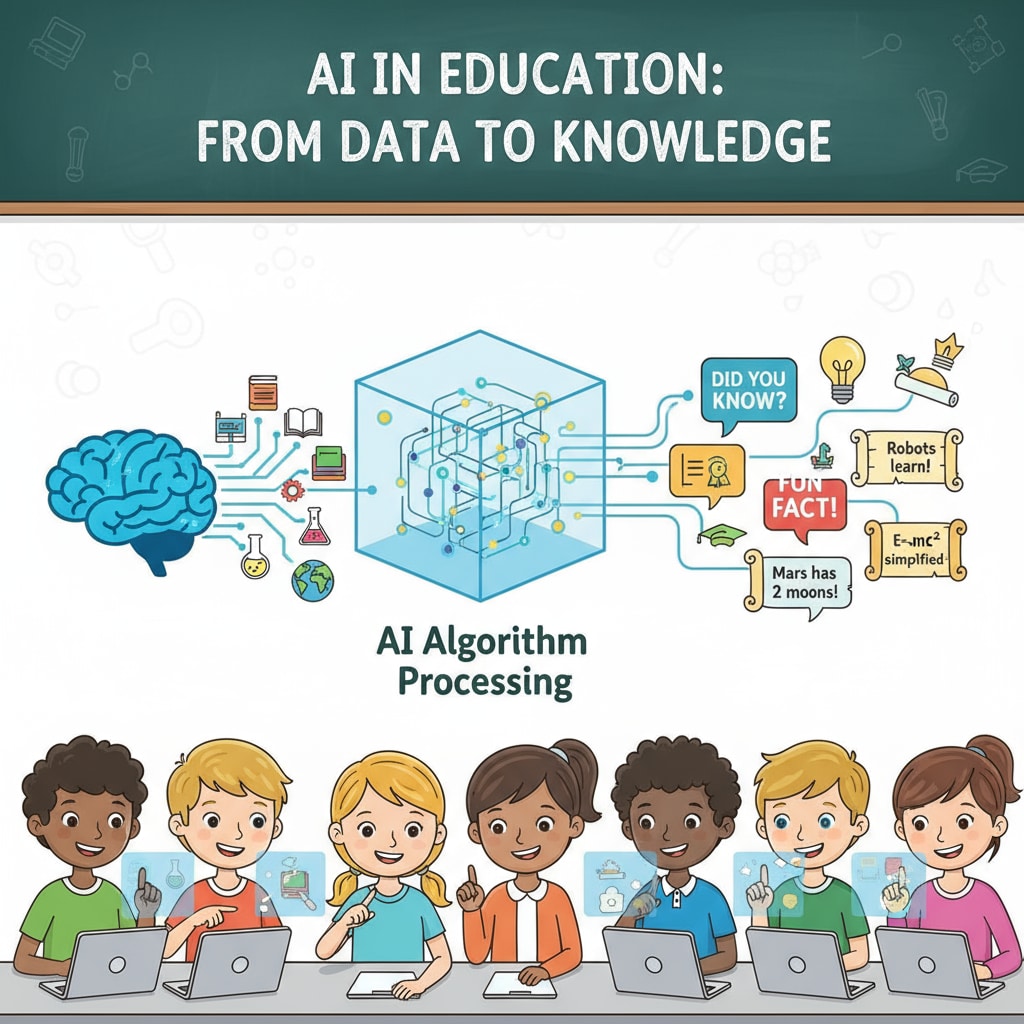 A visual representation of the process where AI algorithms analyze data to create engaging educational facts for students. The process of AI Brain Bites generating educational facts