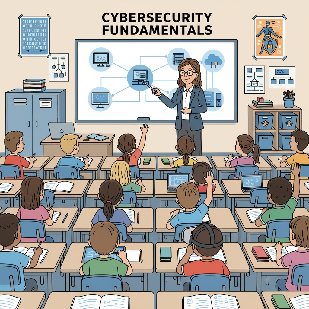 A group of K12 students are sitting in a classroom, looking intently at the teacher who is giving a lecture on cybersecurity. K12 students attentively listening to a cybersecurity lecture