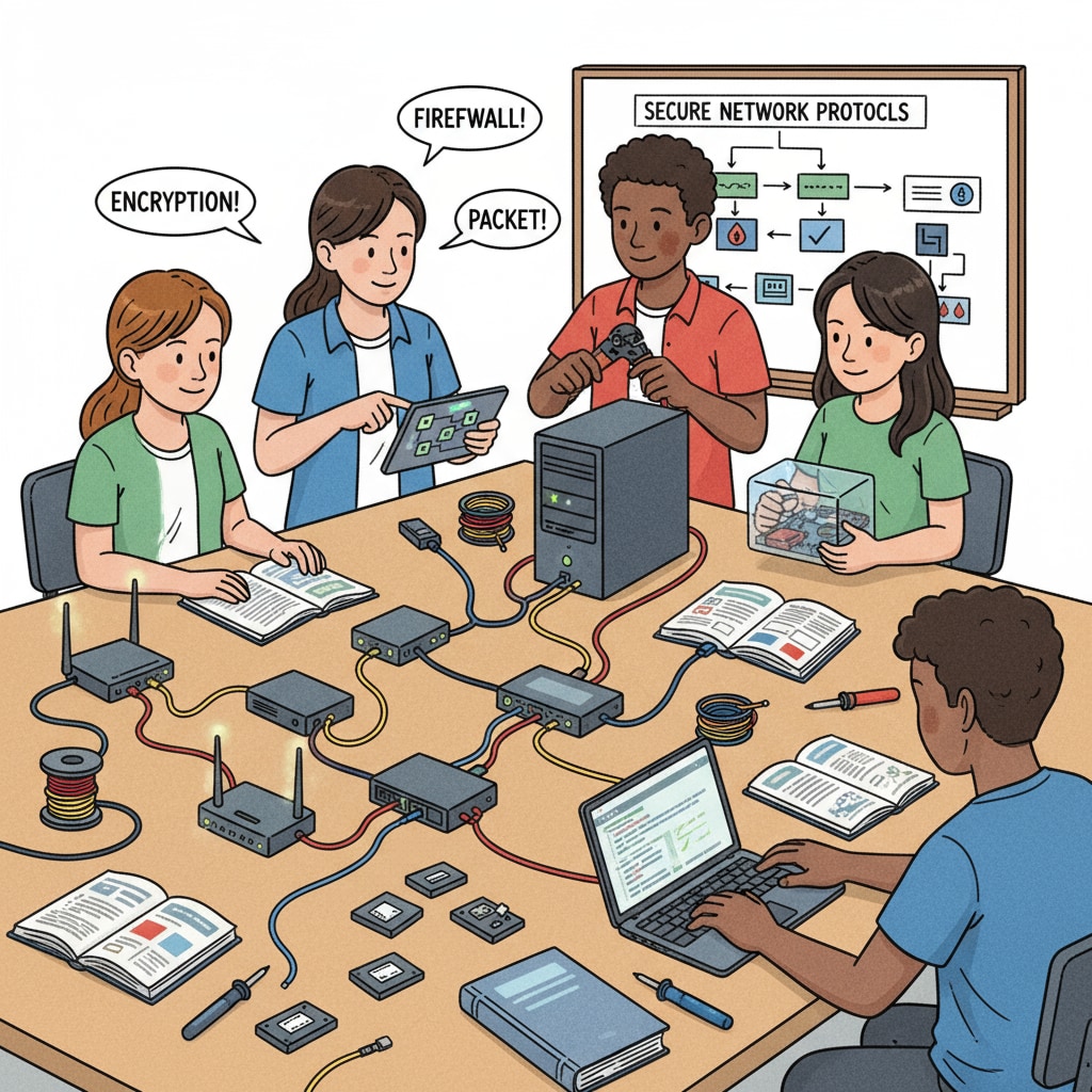 Students are gathered around a table, actively participating in a hands-on activity related to cybersecurity, such as building a simple secure network. Students actively participating in a hands-on cybersecurity activity