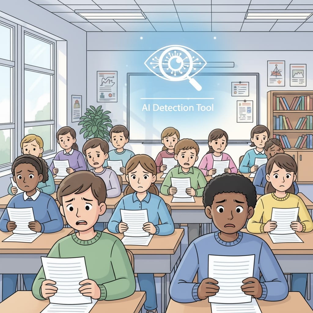 A classroom scene where students are looking at their writing assignments with worried expressions, while an AI detection tool icon looms in the background Students in a high school creative writing class showing concern due to AI detection tools