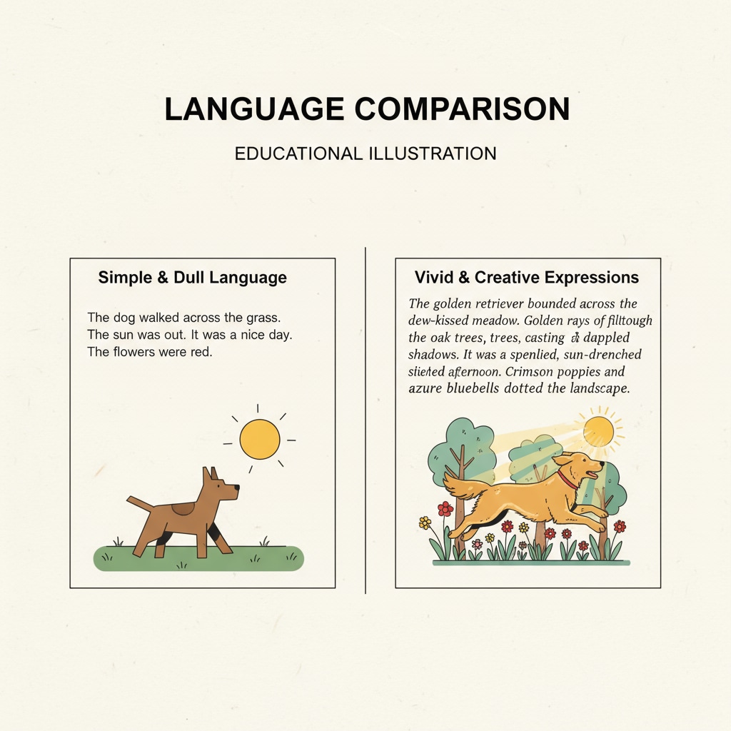 A comparison of two writing samples, one with simple and dull language and the other with more vivid and creative expressions Comparison of writing samples affected by AI detection tools in high school creative writing