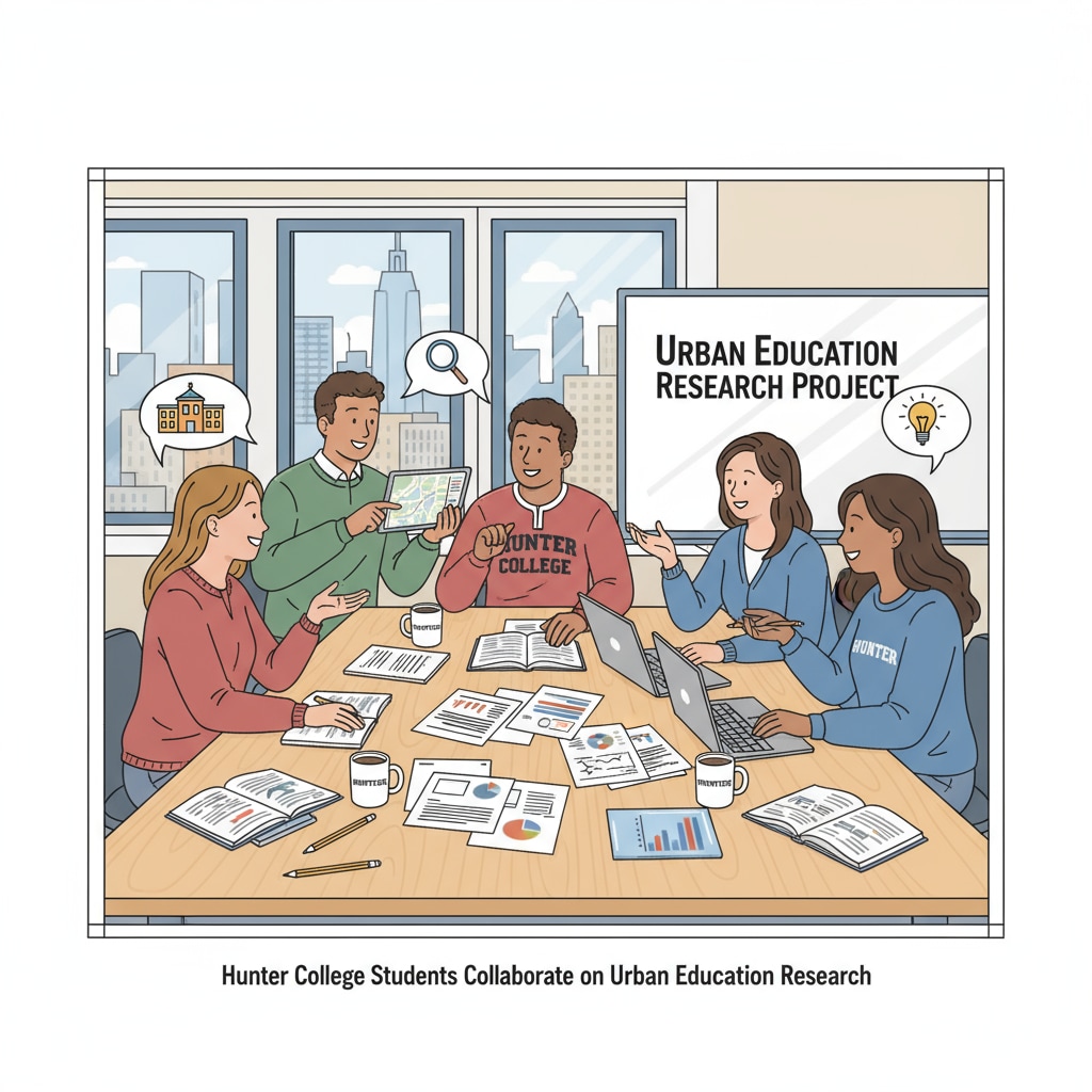 Hunter College students are engaged in a discussion about their urban education research project, with notebooks and research materials spread out on the table. Hunter College students discussing urban education research project as part of university project with virtual interviews