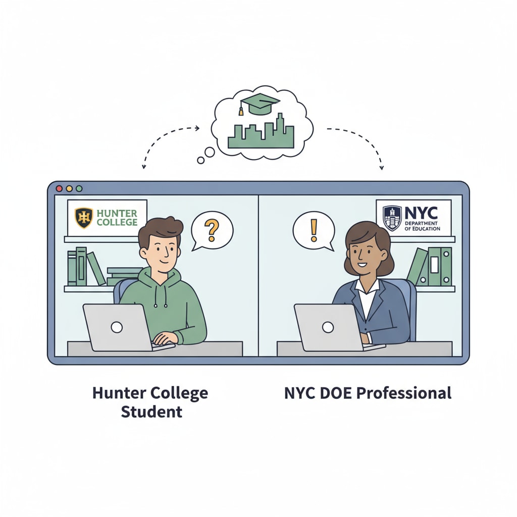 An illustration showing a virtual interview setup where a Hunter College student is on one side of the screen and an NYC DOE professional is on the other, engaged in conversation. Illustration of virtual interview between Hunter College student and NYC DOE professional for urban education research
