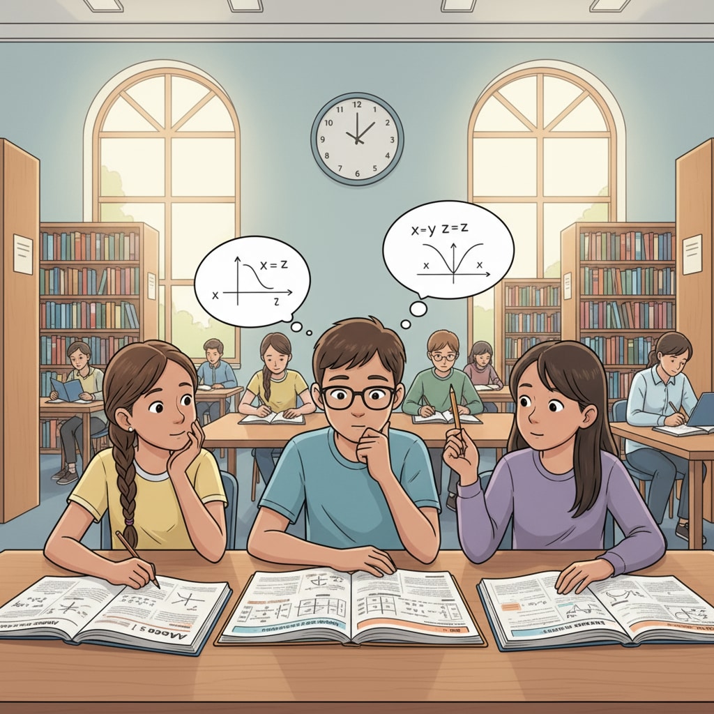Students are studying high school algebra workbooks in a quiet library setting, focusing on their learning. High school students studying algebra workbooks in the library
