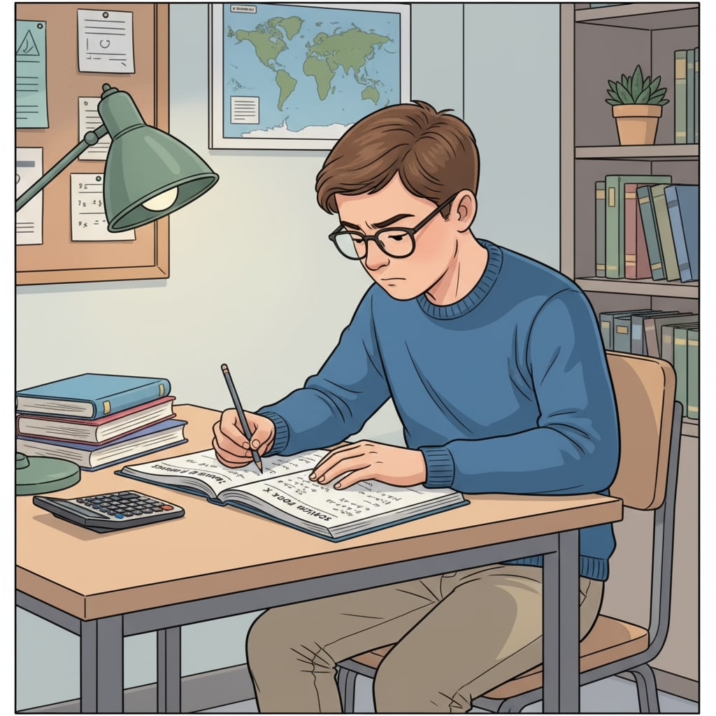 A student is sitting at a study desk, deeply concentrated on solving problems from an algebra workbook. Student concentrating on an algebra workbook at a study desk