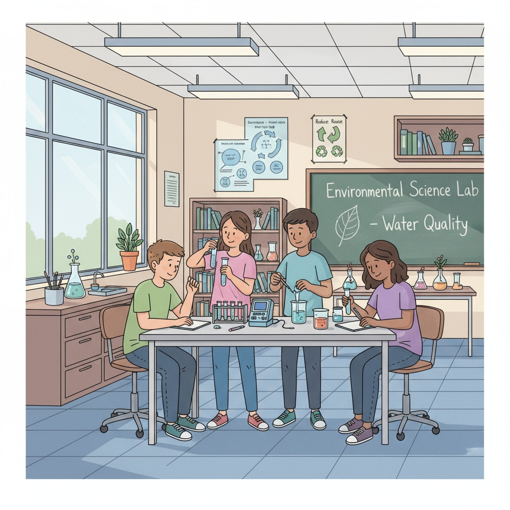 A classroom scene where students are conducting hands-on experiments related to environmental protection, such as testing water quality. Students learning environmental protection through hands-on experiments in a K-12 school