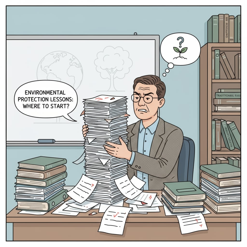 A teacher looking through a stack of papers, showing the struggle to find adequate teaching materials for environmental protection lessons. A teacher facing challenges in finding teaching materials for environmental protection education in a K-12 school