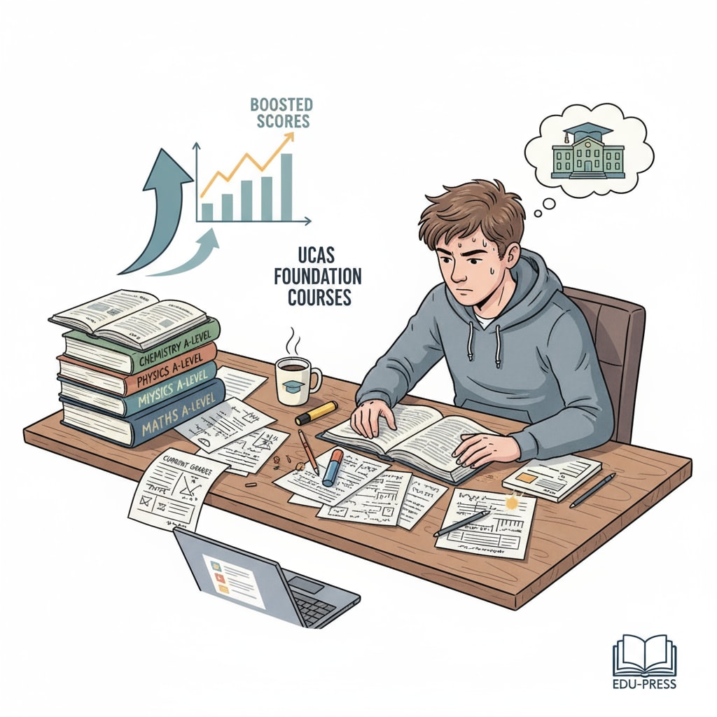 A student is shown studying hard, books and papers spread out on the desk, with a determined look on their face, representing the effort to improve UCAS scores for foundation courses after A-Levels. A-Level student working hard to boost UCAS scores for foundation course entry