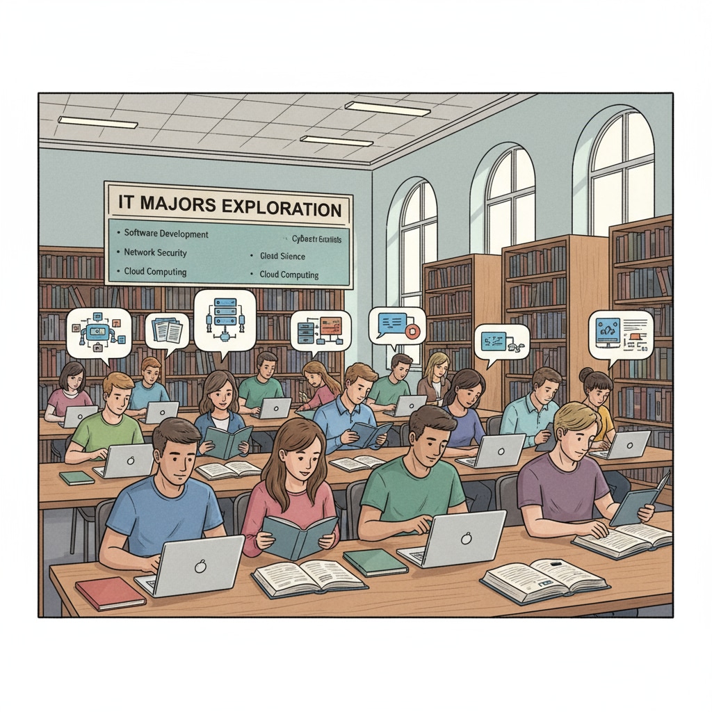Students are sitting at library tables, looking at books and laptops, researching different IT majors to make an informed college selection decision. Students researching IT majors for college selection and career prospects