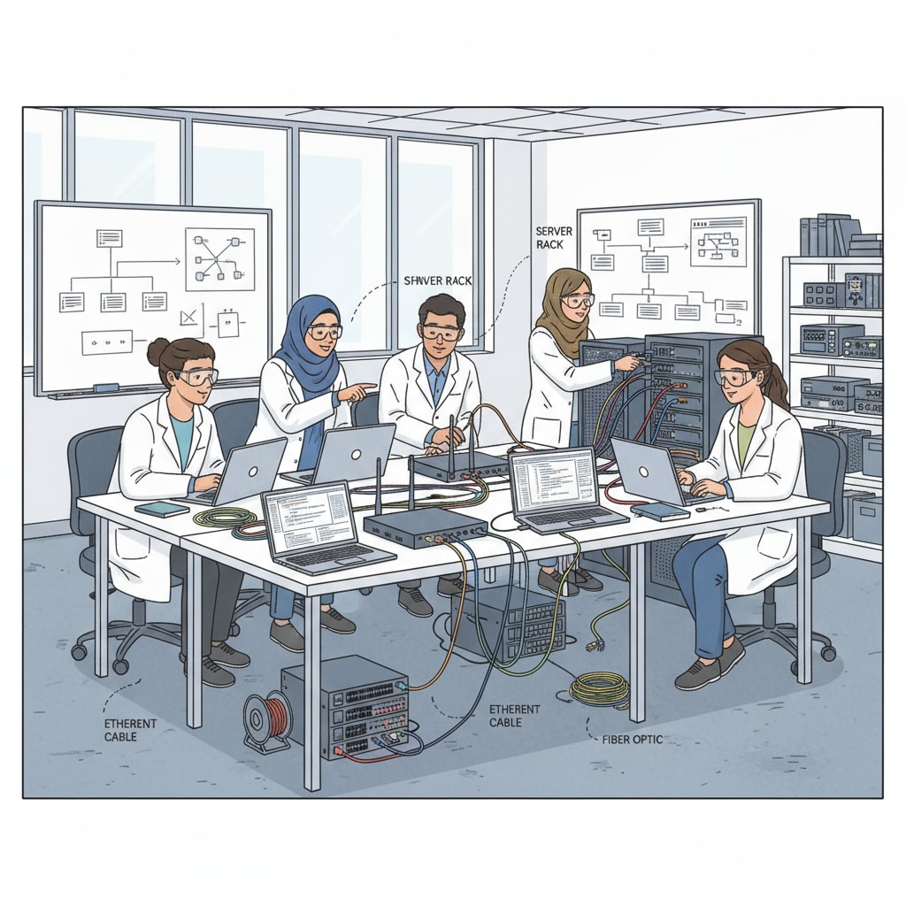 A group of students are gathered around a table in a lab, working on an ICT project, with various networking equipment and laptops visible, highlighting the practical aspect of the major for future career prospects. Students working on an ICT project relevant to college major and career prospects