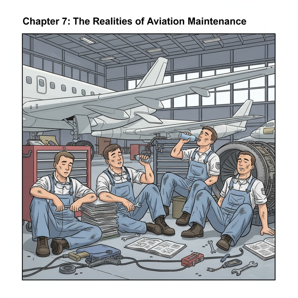 A group of aviation maintenance students looking tired after a long day of internship work. Aviation maintenance students experiencing work-life imbalance due to long internship hours.