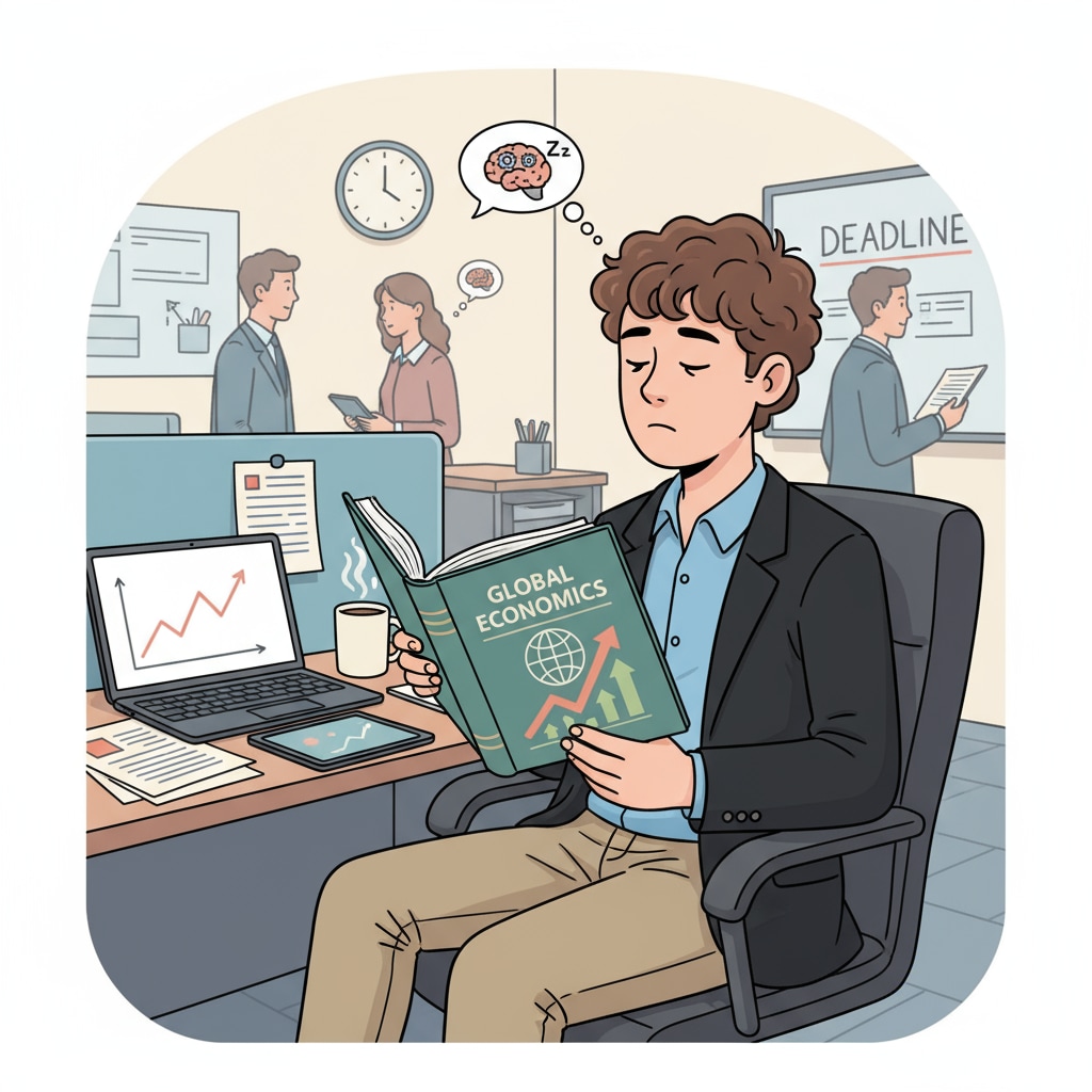A student trying to study during a short break from internship work. Student struggling to balance learning and internship with long working hours.