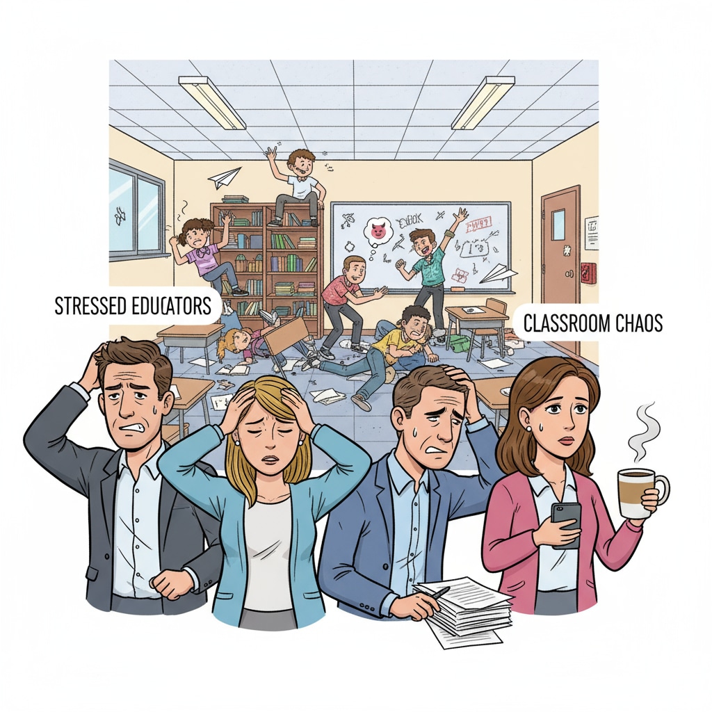 A group of teachers looking stressed in a classroom, with students showing signs of misbehavior in the background. Teachers facing student behavior issues and lacking support in the classroom