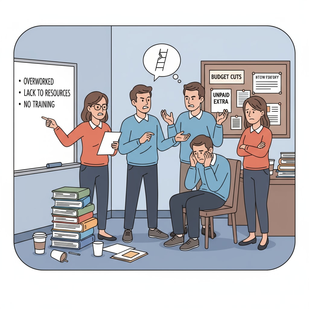 Teachers discussing with a frustrated expression in the staff room, highlighting the lack of workplace support. Teachers experiencing workplace setbacks due to lack of support