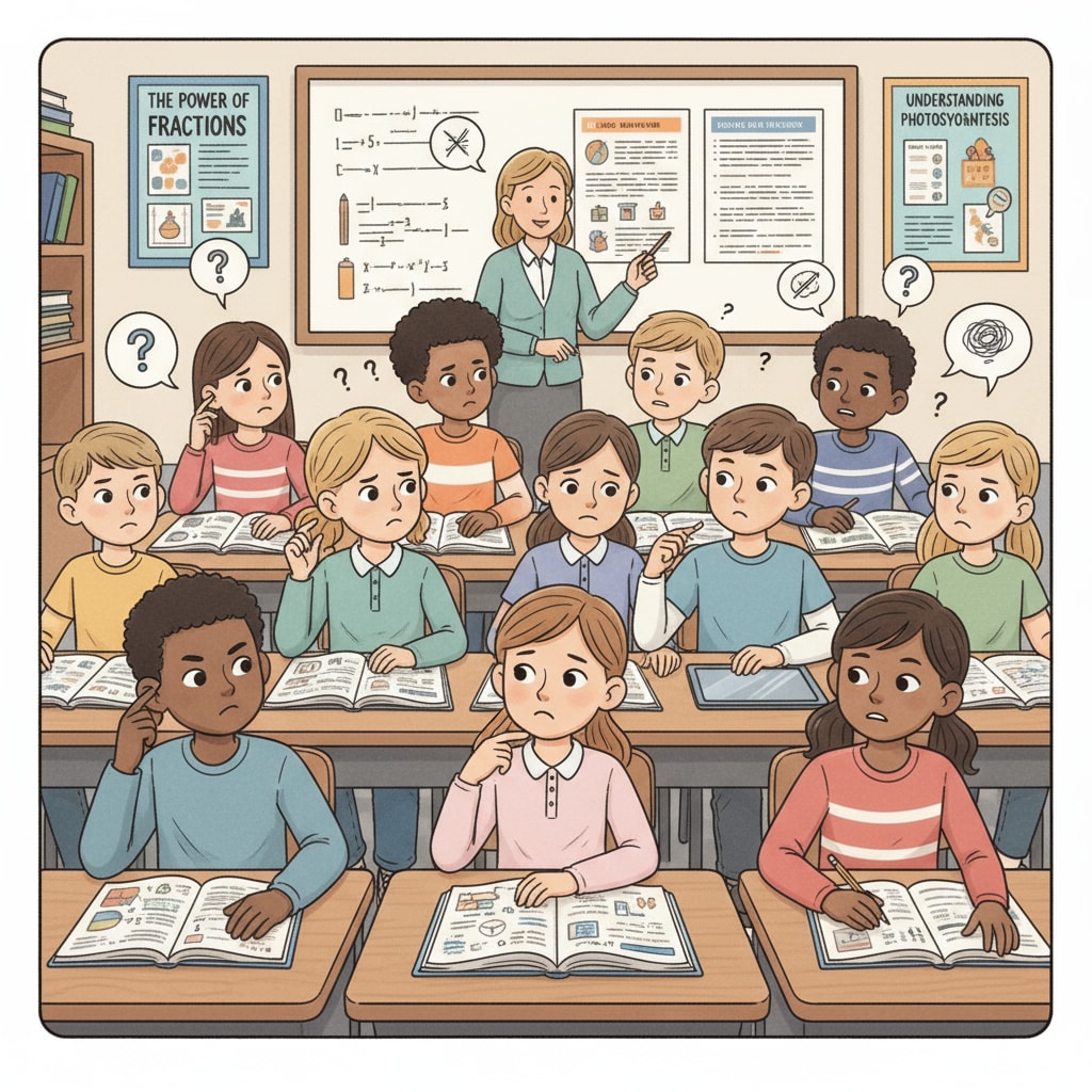 A group of K12 students sitting in a classroom, looking somewhat confused, which reflects their possible self-doubt during learning. K12 students showing signs of self-doubt in the classroom related to intellectual abilities and learning