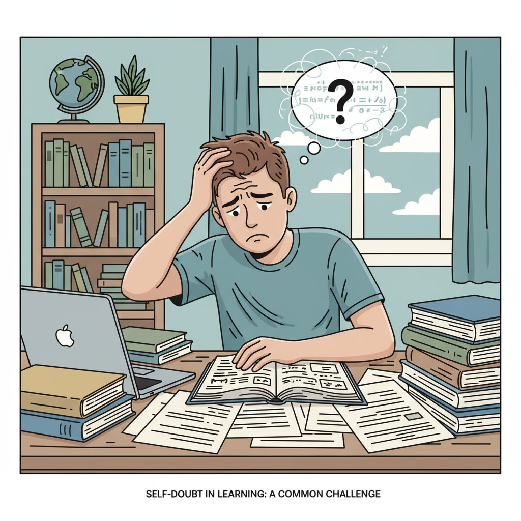A student sitting at a desk, looking worried while studying, depicting the state of self-doubt a student may experience during the learning process. A student experiencing self-doubt about intellectual abilities while studying