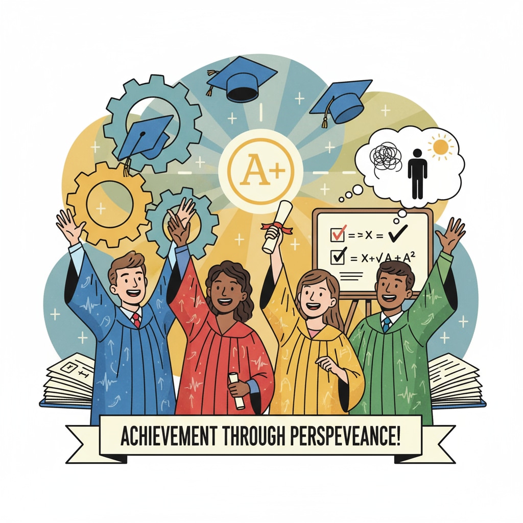 A group of students smiling and celebrating their academic achievements, indicating a positive outcome after overcoming self-doubt. Students celebrating achievements after overcoming self-doubt related to intellectual abilities and learning