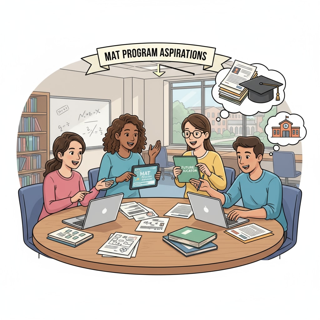 A group of teaching assistants is engaged in a discussion about their applications to MAT programs, showing enthusiasm and concentration. Teaching assistants discussing MAT program applications