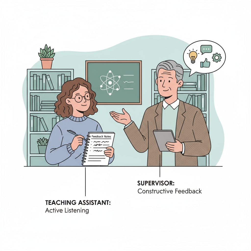 A teaching assistant is attentively listening to feedback from a supervisor, with a notebook in hand to take notes. Teaching assistant receiving feedback from supervisor for MAT program application