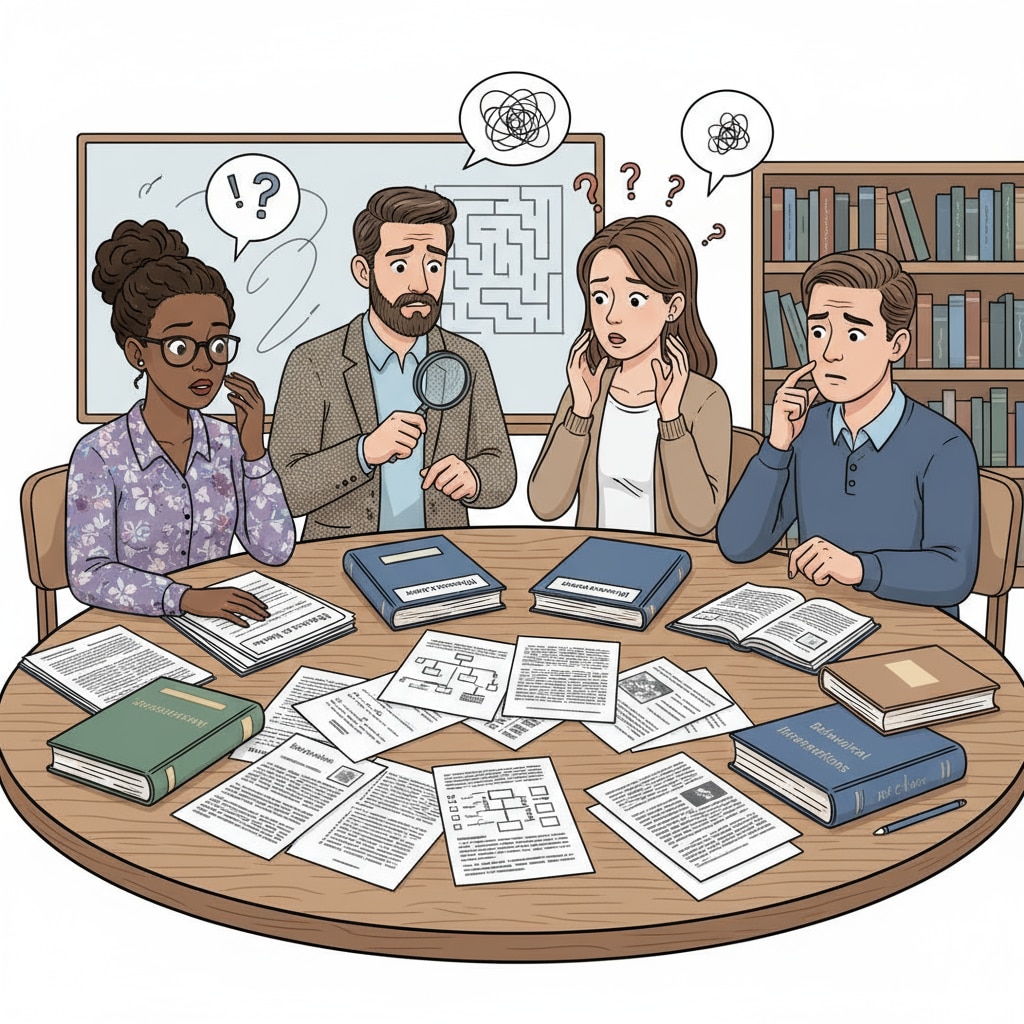 A group of special educators sitting around a table, looking puzzled at IEP documents. Special educators facing reading comprehension difficulties with IEP documents.