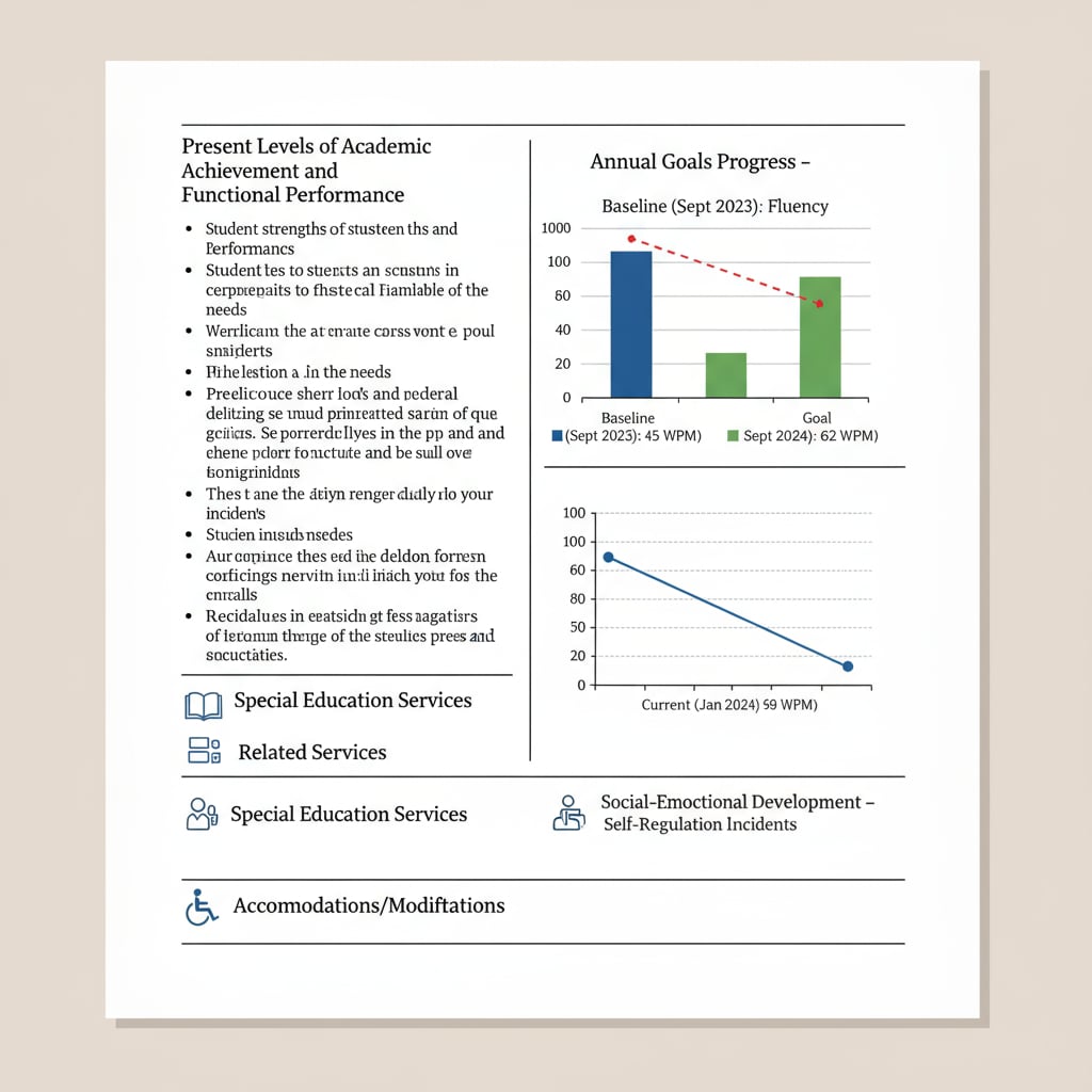 A close-up of an IEP document page filled with text and graphs. Complex IEP document page showing reading comprehension challenges.