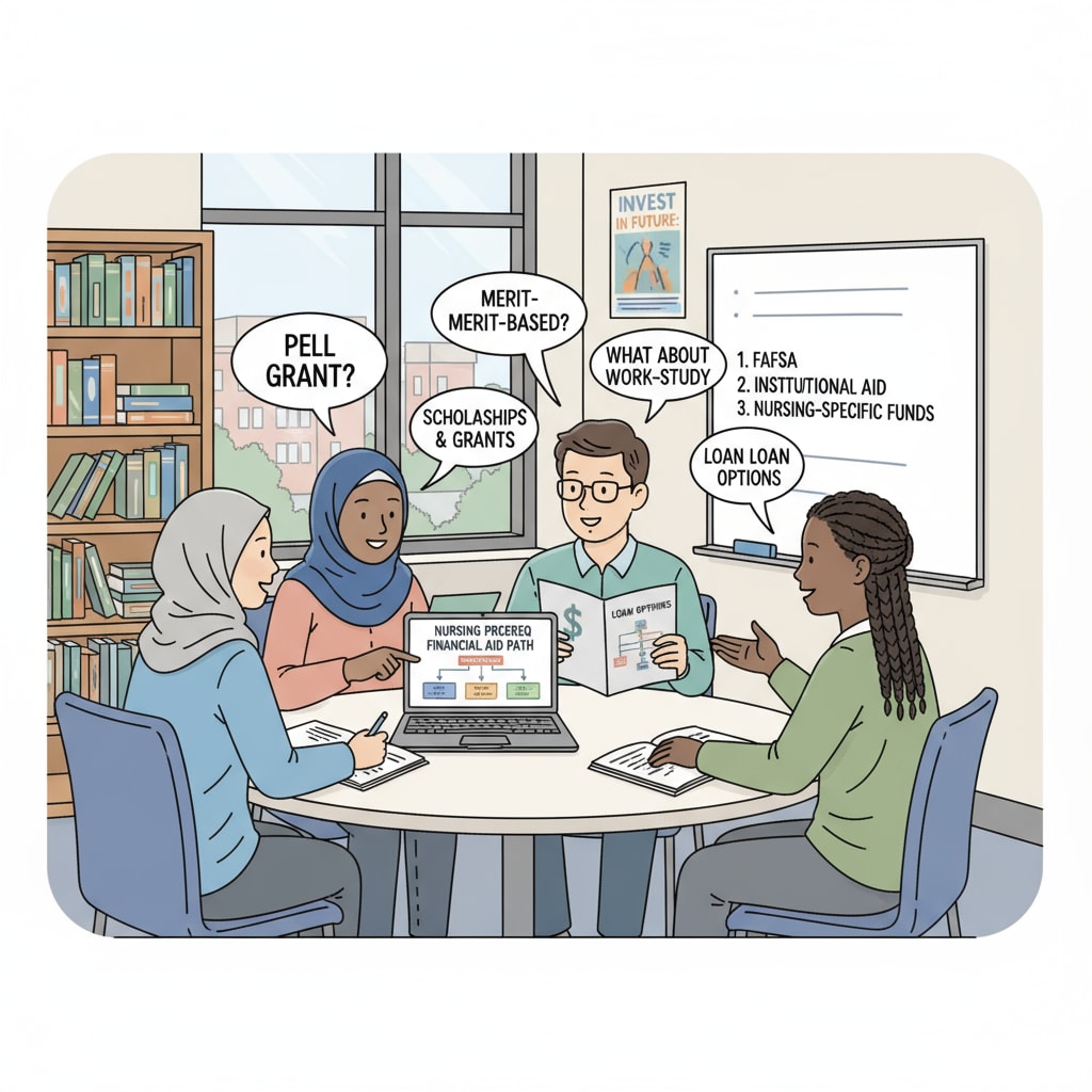 A group of students is engaged in a discussion about how to obtain financial aid for the nursing prerequisite courses they plan to take. Students discussing financial aid options for nursing prerequisite courses