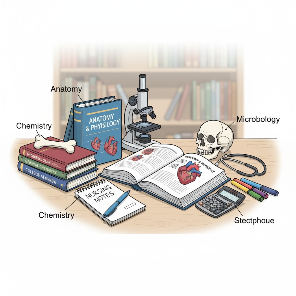 A collection of textbooks and supplies commonly used in nursing prerequisite courses are neatly arranged on a table. Books and supplies for nursing prerequisite courses