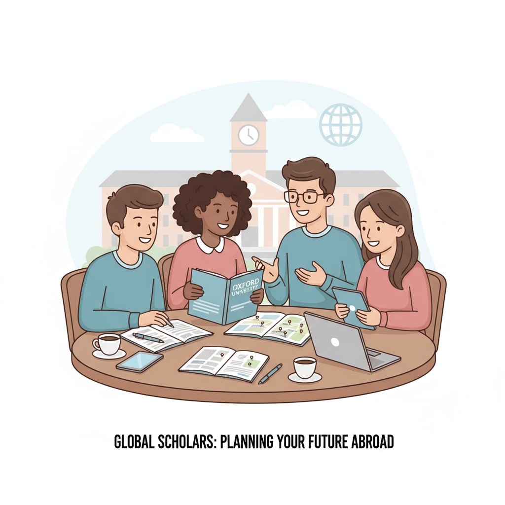 A group of international students are gathered around a table, looking at university brochures and discussing their application plans. International students discussing Japanese university applications with BTEC and A-level considerations