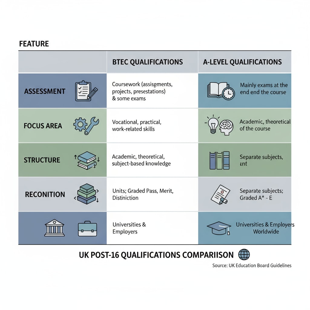 A visual chart comparing the features of BTEC and A-level, including assessment methods, focus areas, and more. Comparison of BTEC and A-level for Japanese university admissions