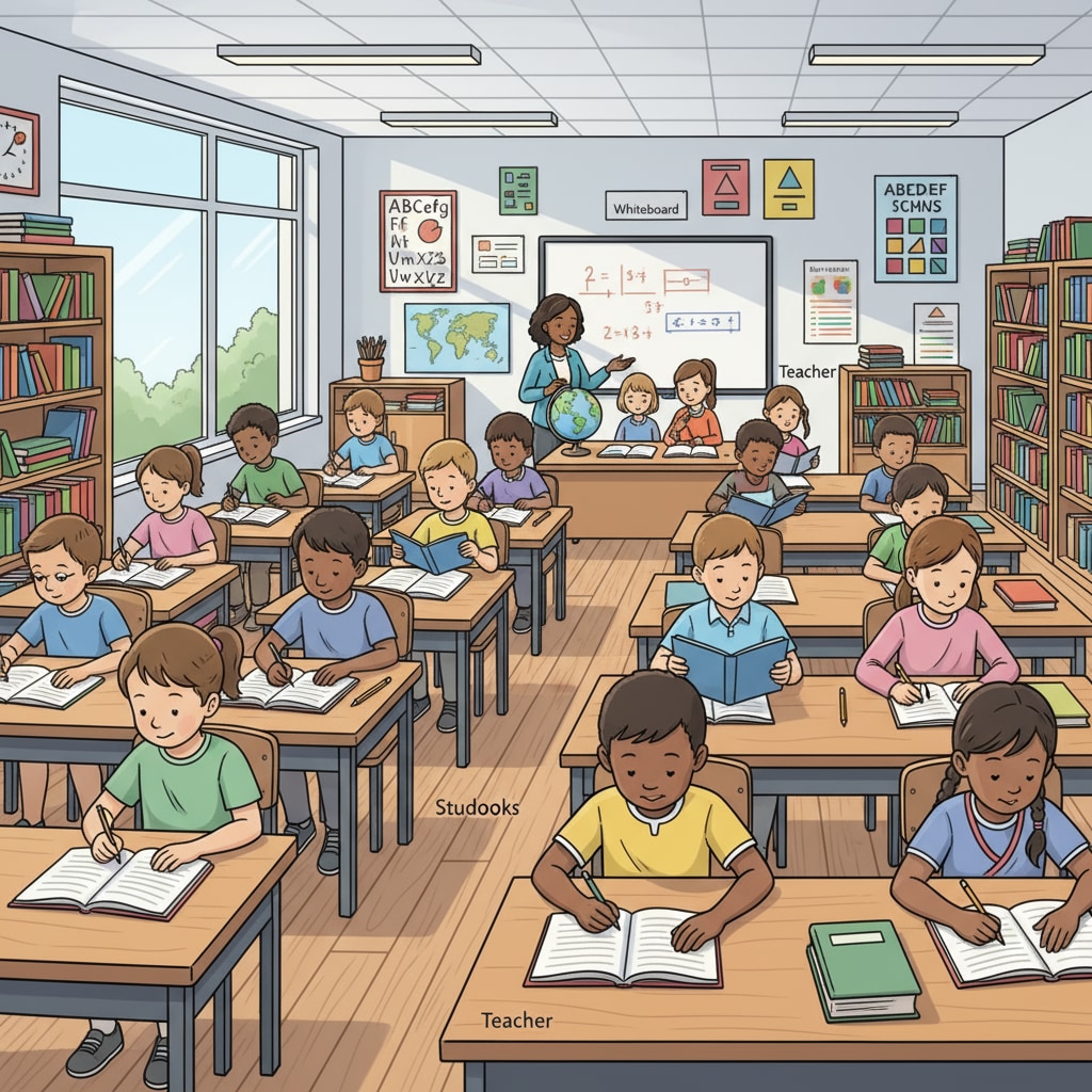 A classroom scene with students of different ages sitting at desks, looking at books and writing. Classroom scene of students preparing for AISSEE Sainik School entrance exam
