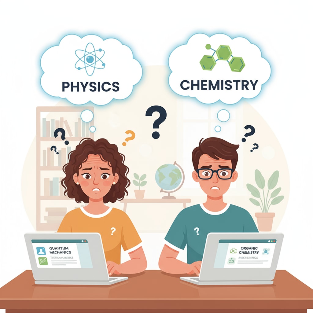 Two students sitting in front of laptops, looking confused while choosing between physics and chemistry online courses Australian Year 12 students facing the dilemma of choosing between online physics and chemistry courses for their future health careers