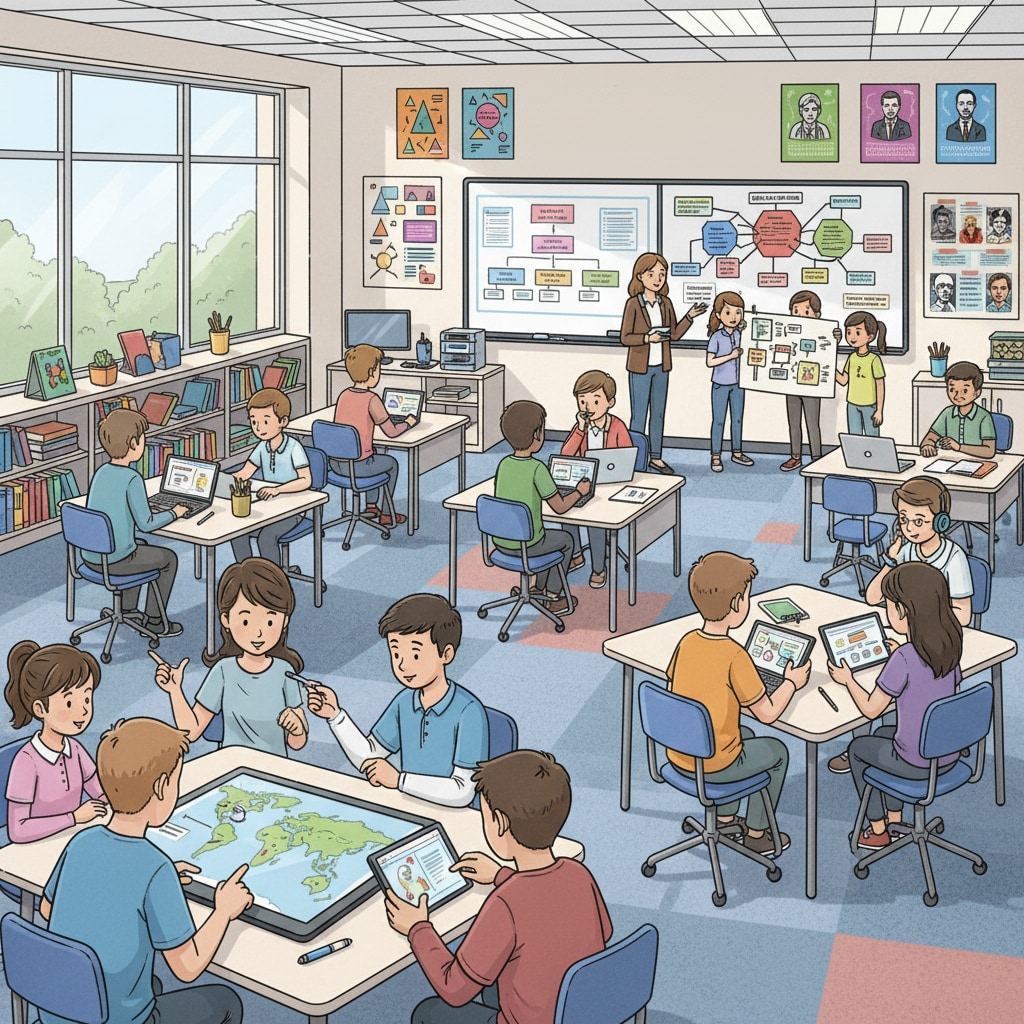 A classroom filled with students participating in discussions, using digital devices, and working on group projects, showcasing an active learning environment related to modern teaching methods. A classroom scene demonstrating modern teaching methods, postgraduate program concepts, and curriculum design in action