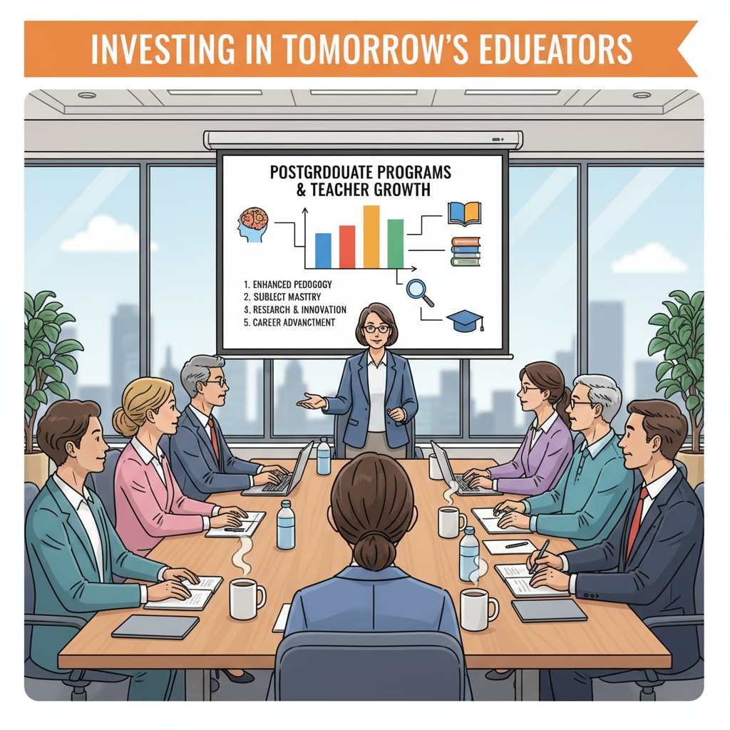 A group of teachers sitting around a table, listening to a presentation during a postgraduate seminar, highlighting the importance of postgraduate programs for teacher development. Teachers engaged in a postgraduate seminar related to teaching methods, postgraduate programs, and curriculum design
