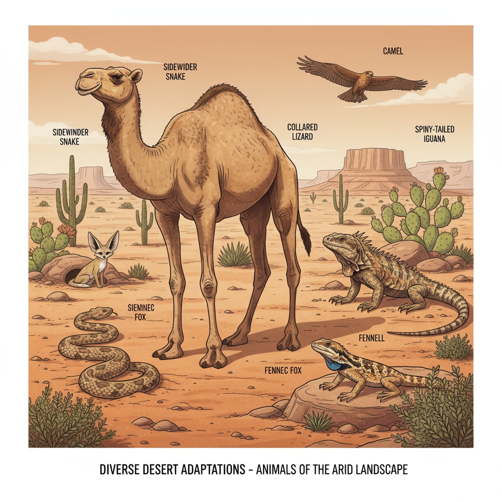 A group of various desert animals including camels, snakes, and lizards are shown in their natural desert environment, highlighting the diverse species that have adapted to the harsh desert conditions. Desert animals demonstrating their survival adaptations and evolutionary traits in their natural habitat.