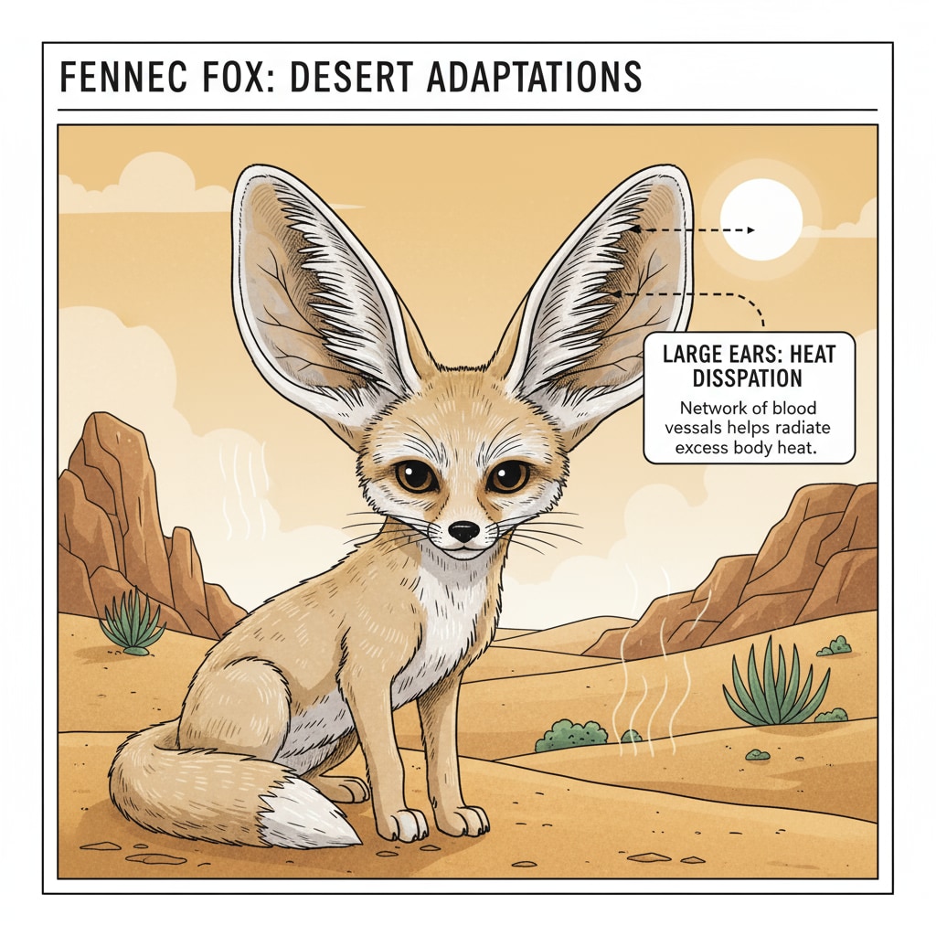 A fennec fox is pictured in the desert, with its large ears prominently visible. The ears are a key adaptation for the fox's survival in the hot desert environment. A fennec fox showcasing its evolutionary adaptation of large ears for survival in the desert.