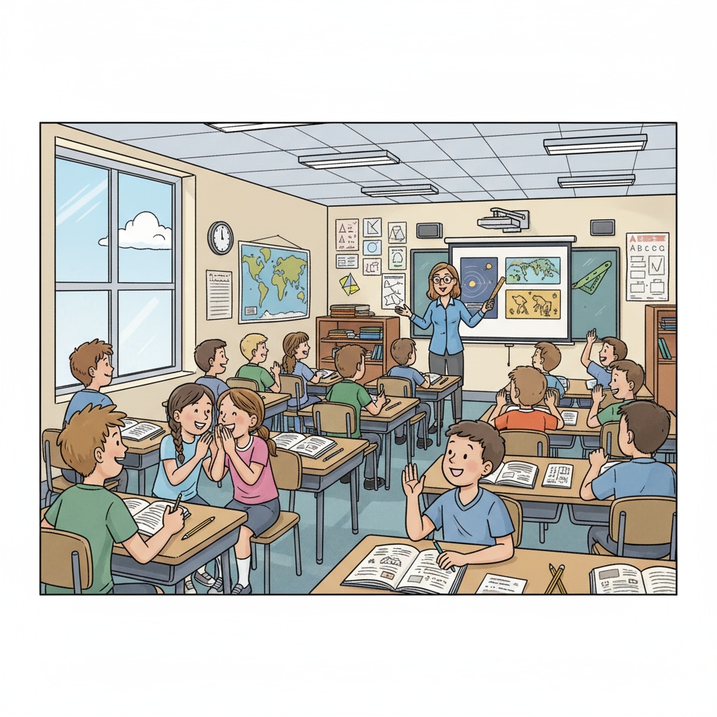 A classroom scene shows 7th graders where some students are not paying attention to the teacher's instructions. Some are looking out of the window, while others are chatting with their peers. 7th graders not following instructions in an inclusive education classroom related to student instruction compliance, special education, and teaching strategies
