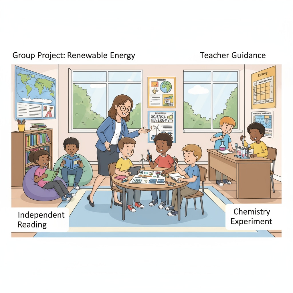 A group of 7th graders are engaged in different activities in an inclusive classroom. Some are working on group projects, some are reading books, and the teacher is walking around to provide guidance. Inclusive classroom scene with 7th graders engaged in various activities related to student instruction compliance, special education, and teaching strategies