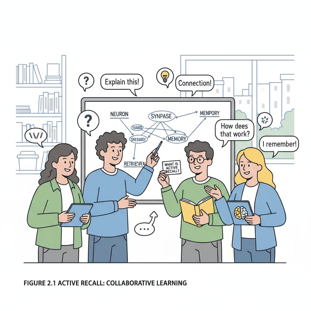 A group of students is seen discussing and sharing ideas, which is an example of active recall learning activities. Law students engaged in active recall learning activities