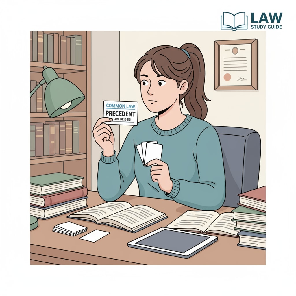 A law student is sitting at a desk, flipping through flashcards, which is a form of active recall. A law student using flashcards for active recall