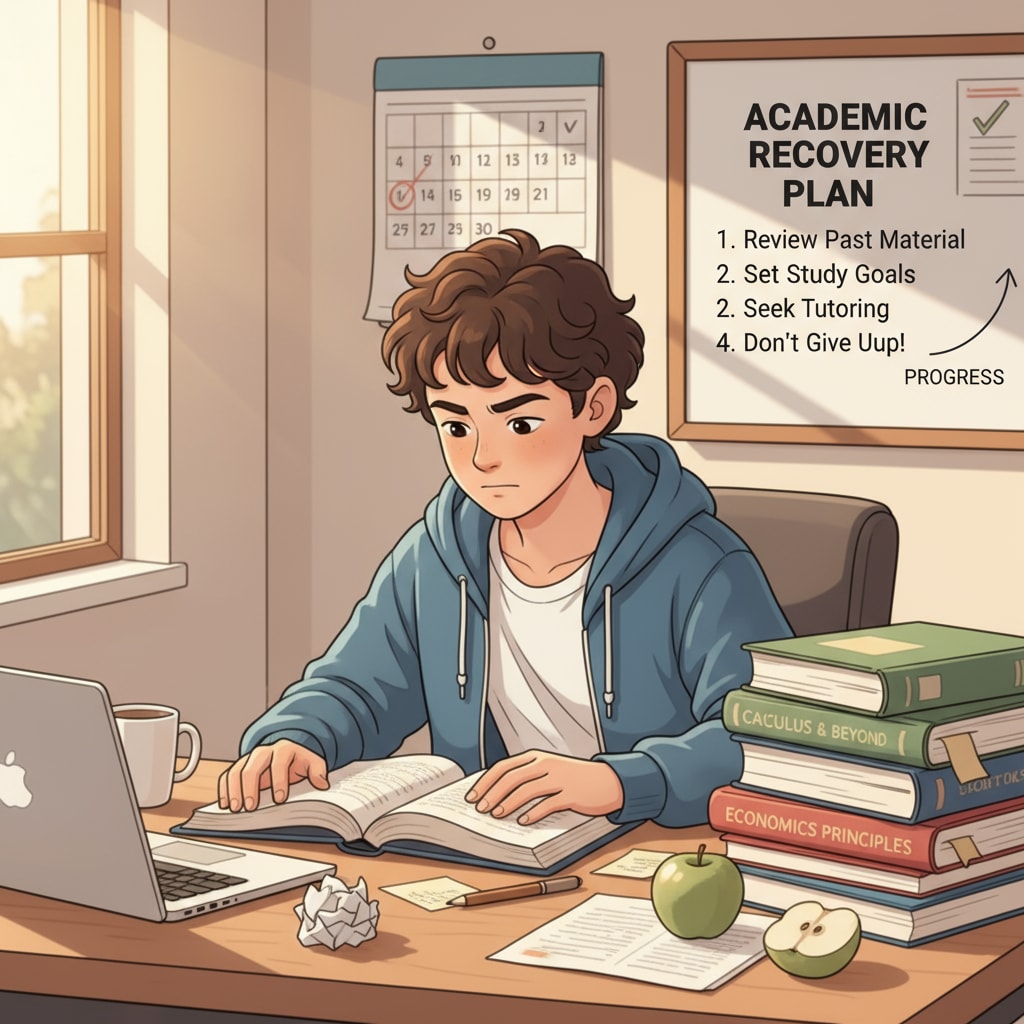 A student sitting at a desk, looking at textbooks with a determined expression, symbolizing the journey of academic recovery after failure Student determined to achieve academic recovery after failure