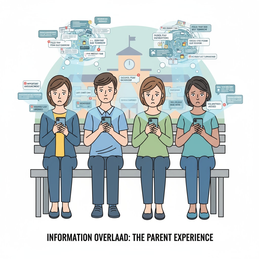 A group of parents looking at their phones, with numerous messages from the school visible on the screens, depicting the state of being overwhelmed by information. Parents overwhelmed by school communication on their phones in the context of school information systems, parent communication, and information management