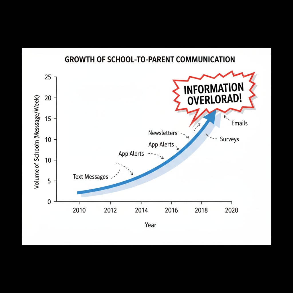 A line graph showing an upward trend in the volume of school communication to parents over a period of several years, highlighting the growth of information overload. Graph depicting the increasing volume of school communication to parents relevant to school information systems, parent communication, and information management