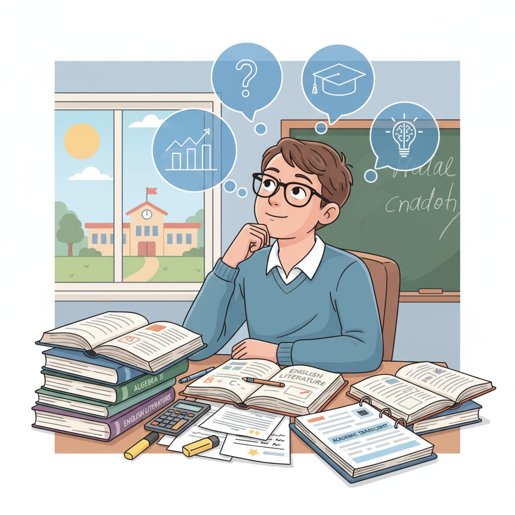 A student is engaged in self-reflection about their high school academic performance, analyzing textbooks and notes. A student analyzing their high school academic situation for self-education and future life improvement
